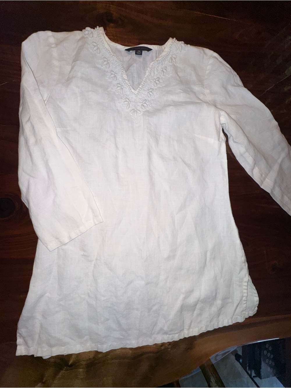 Brooks Brothers White Linen Beaded Tunic Blouse XS Resort Boho